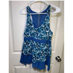 Lucca Couture Blue Floral Racerback Blouse Peplum Top Back Zipper - Size M